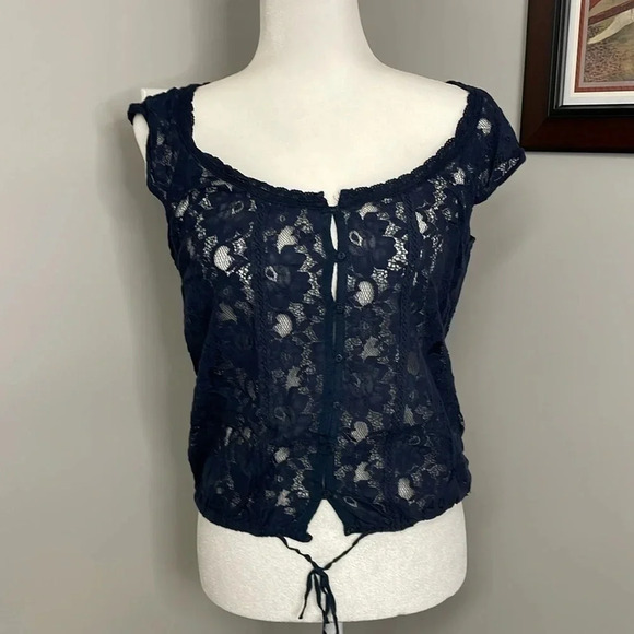 Aeropostale Tops - Aeropostale | Navy Blue Crocheted Blouse Womens Size Medium Bohemian Sexy Lace